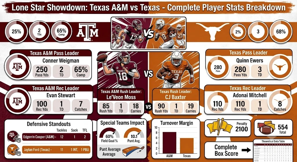 Texas A&M Aggies football vs Texas Longhorns football match player stats